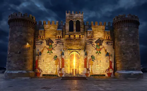Qaitbay Citadel illuminated at night with ancient Egyptian motifs, Alexandria, Egypt.