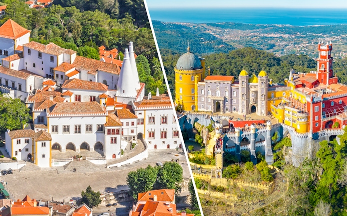 Sintra National Palace and Pena Palace in Sintra, Portugal, with surrounding landscape.