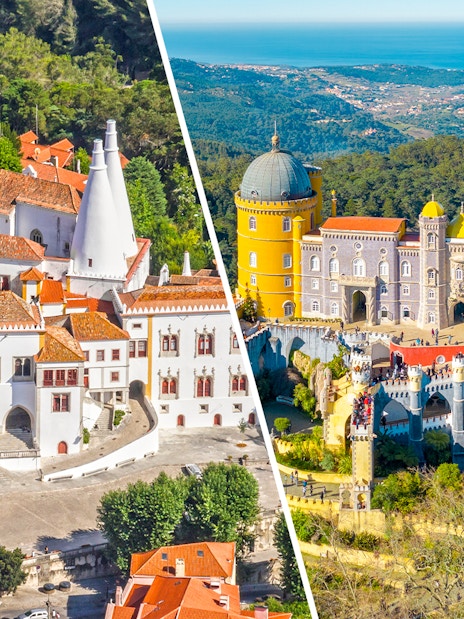 Sintra National Palace and Pena Palace in Sintra, Portugal, with surrounding landscape.