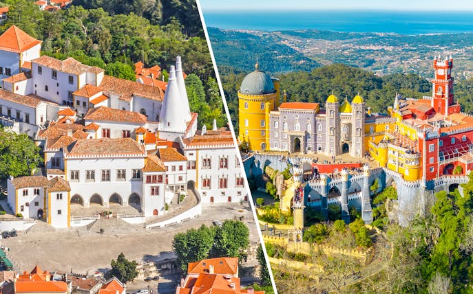 Sintra National Palace and Pena Palace in Sintra, Portugal, with surrounding landscape.