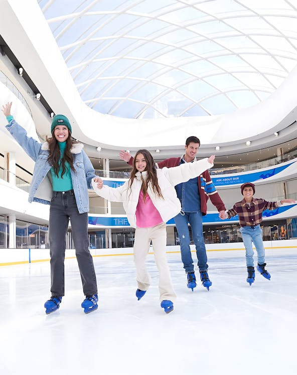 Group ice skating at the American Dream ice rink under a glass dome.