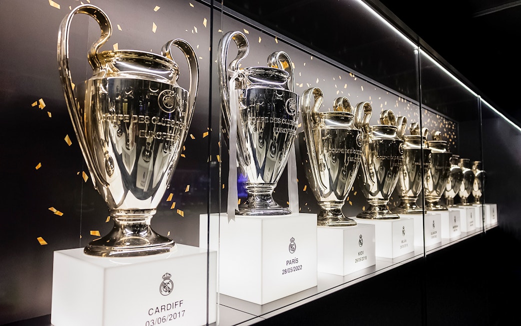 Trophies displayed at Santiago Bernabeu Stadium, Madrid.