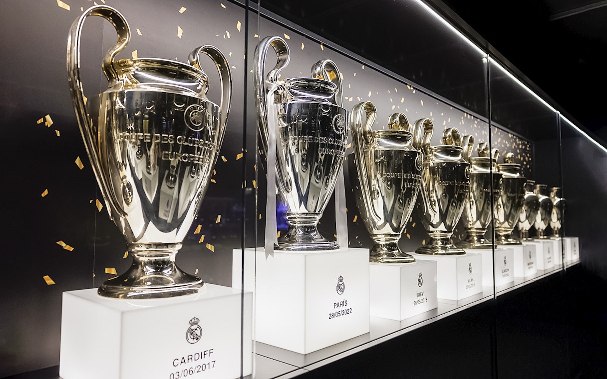 Trophies displayed at Santiago Bernabeu Stadium, Madrid.