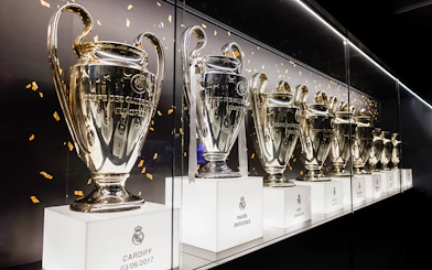 Trophies displayed at Santiago Bernabeu Stadium, Madrid.