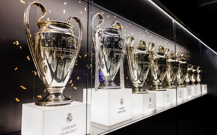 Trophies displayed at Santiago Bernabeu Stadium, Madrid.