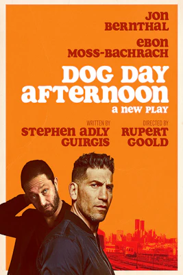 Poster for Dog Day Afternoon Broadway show featuring two actors with city skyline backdrop.