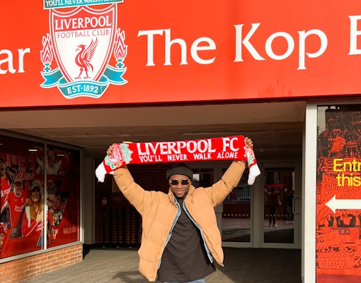 Liverpool FC memorabilia in Boom Room exhibit.