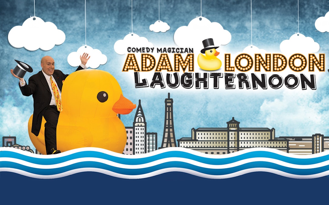 Comedy magician on rubber duck with "Adam London Laughternoon" text.