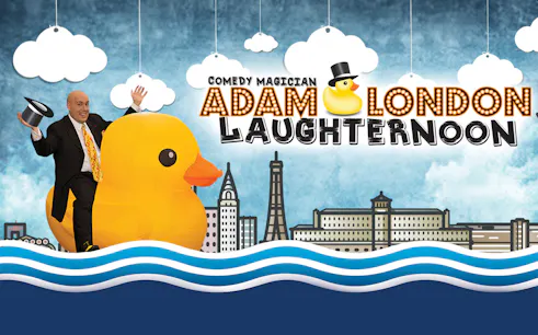 Comedy magician on rubber duck with "Adam London Laughternoon" text.