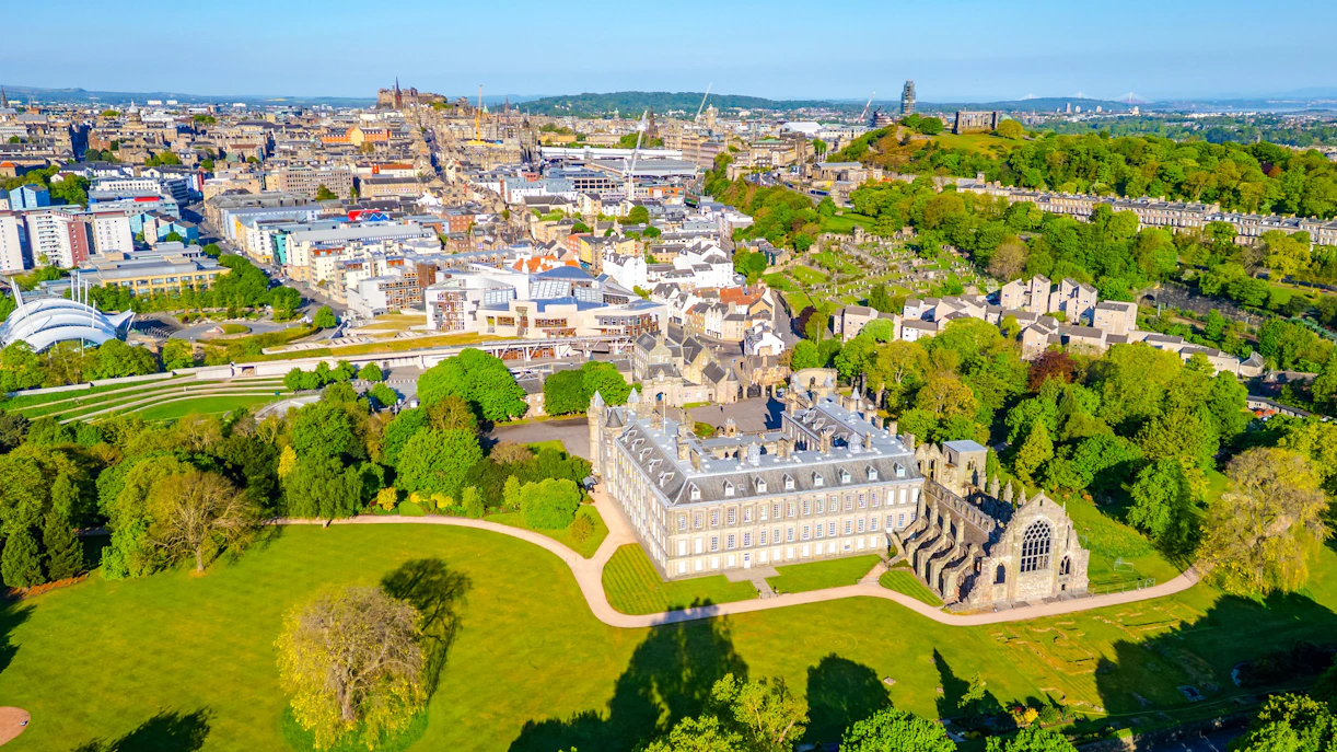 Aerial view of Holyrood Abbey and surrounding gardens in Edinburgh, Scotland.