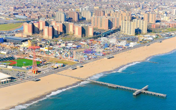 Aerial view of Coney Island beach and amusement park in New York City.