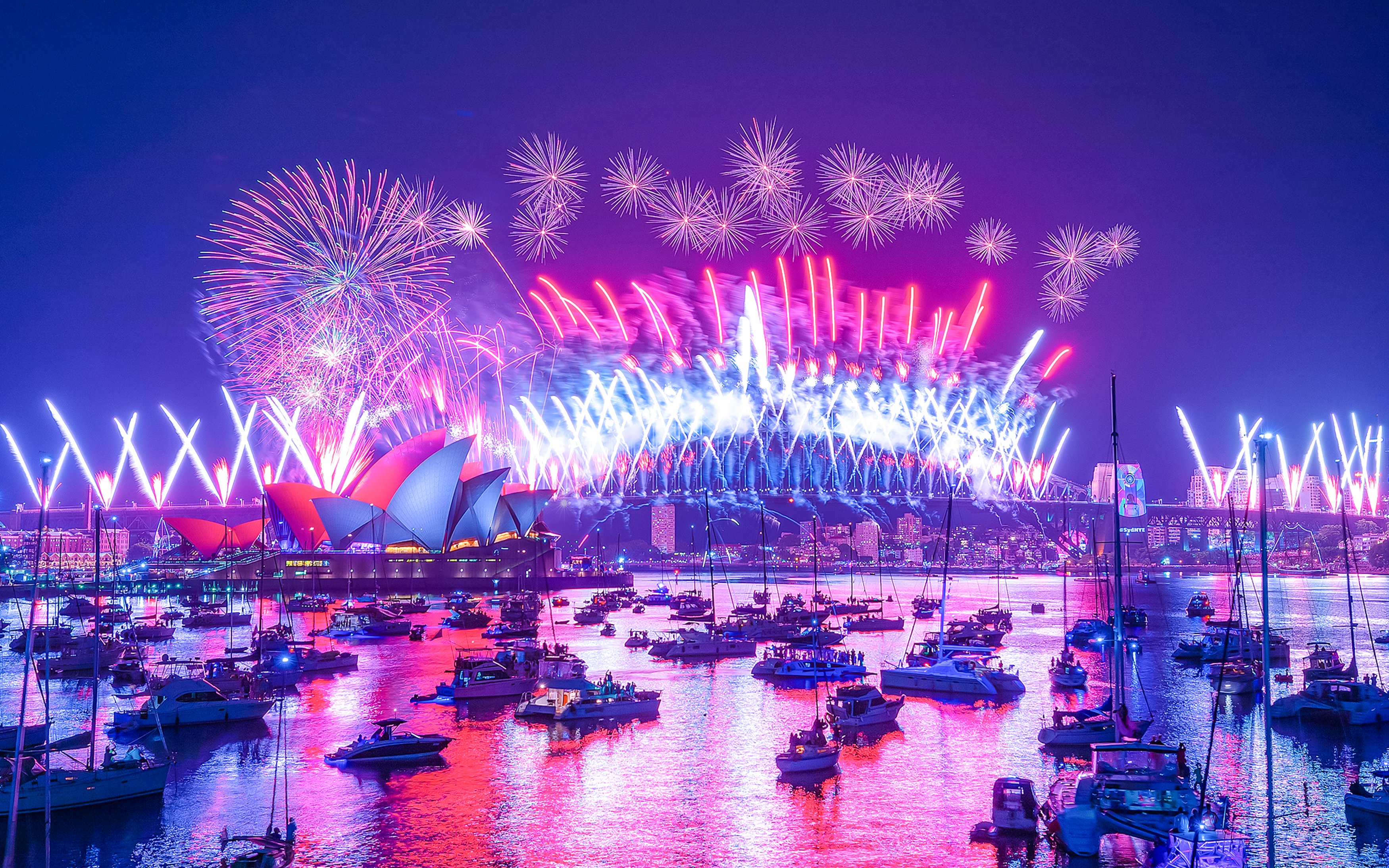Sydney Harbour fireworks display with boats during light show cruise.