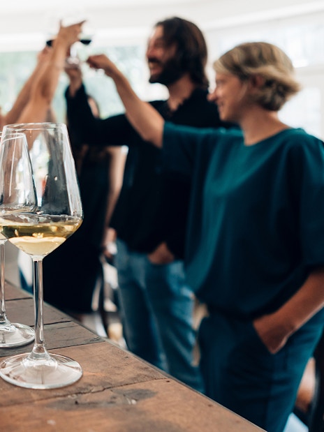 Wine tasting group in Rome with glasses and bottles on a wooden table.