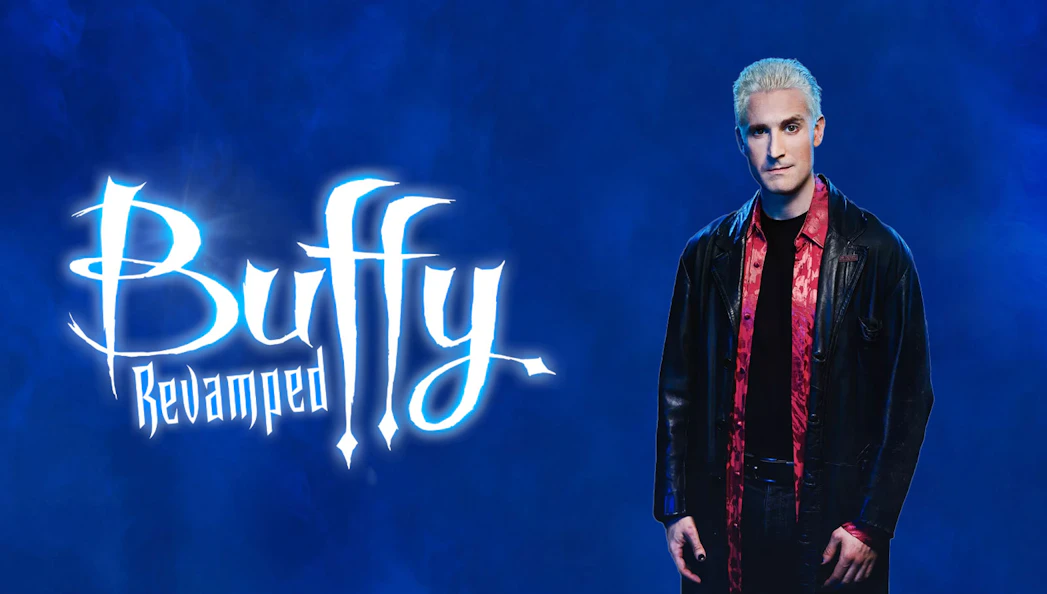 Buffy Revamped logo with a person in a leather jacket on a blue background.