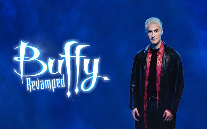Buffy Revamped logo with a person in a leather jacket on a blue background.