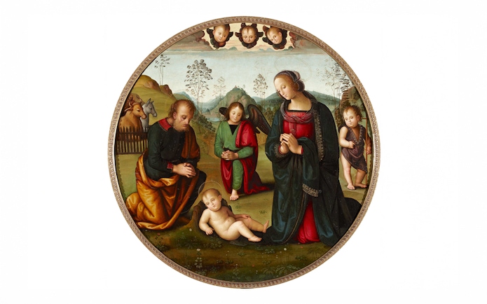 Nativity scene by Pietro Perugino, featuring Mary, Joseph, and angels in a pastoral setting.