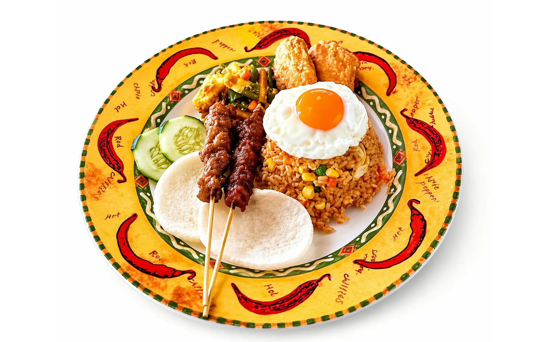 Nasi goreng with satay skewers, fried egg, and sides on a decorative plate.