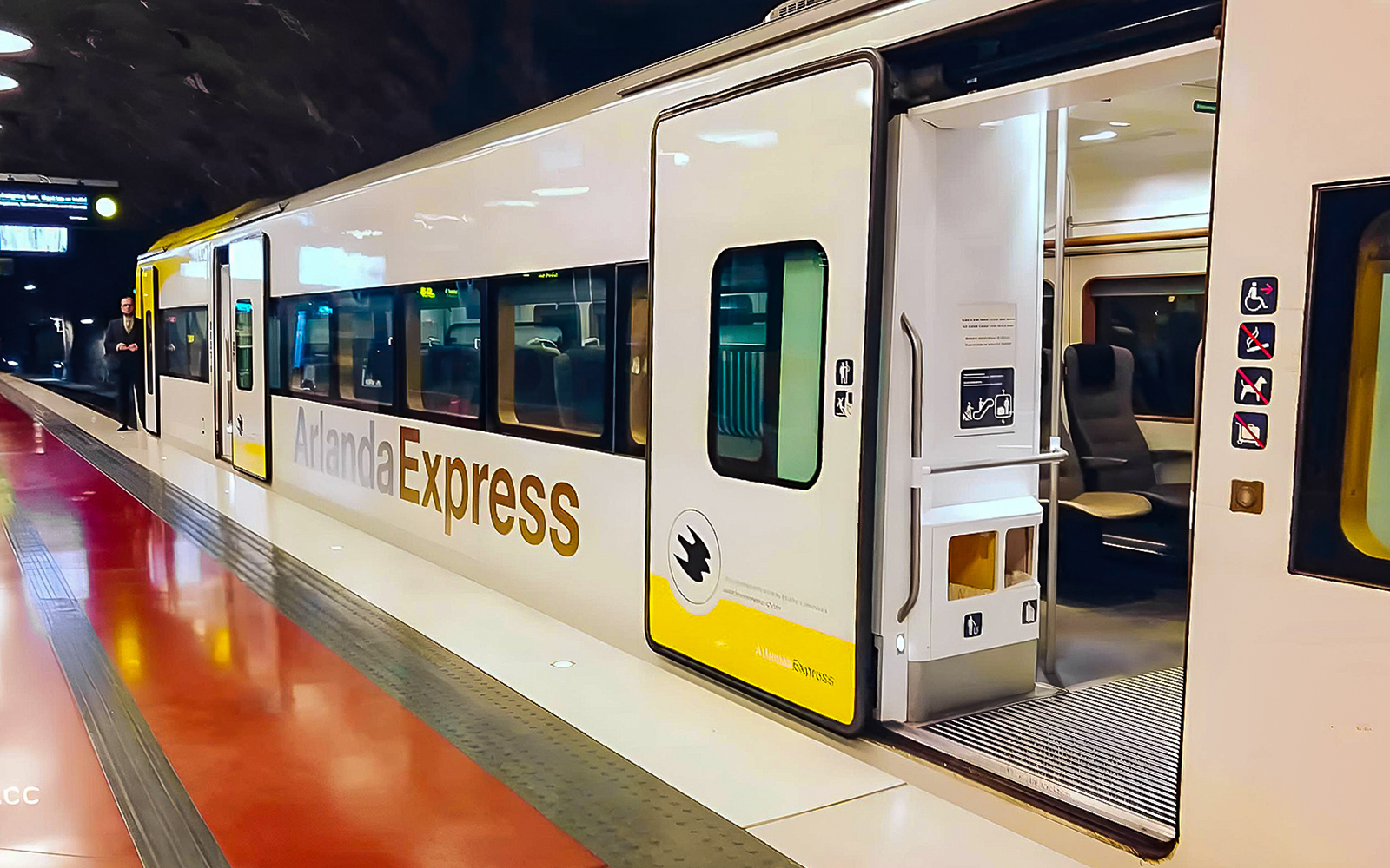 Arlanda Express train at Stockholm underground station platform.