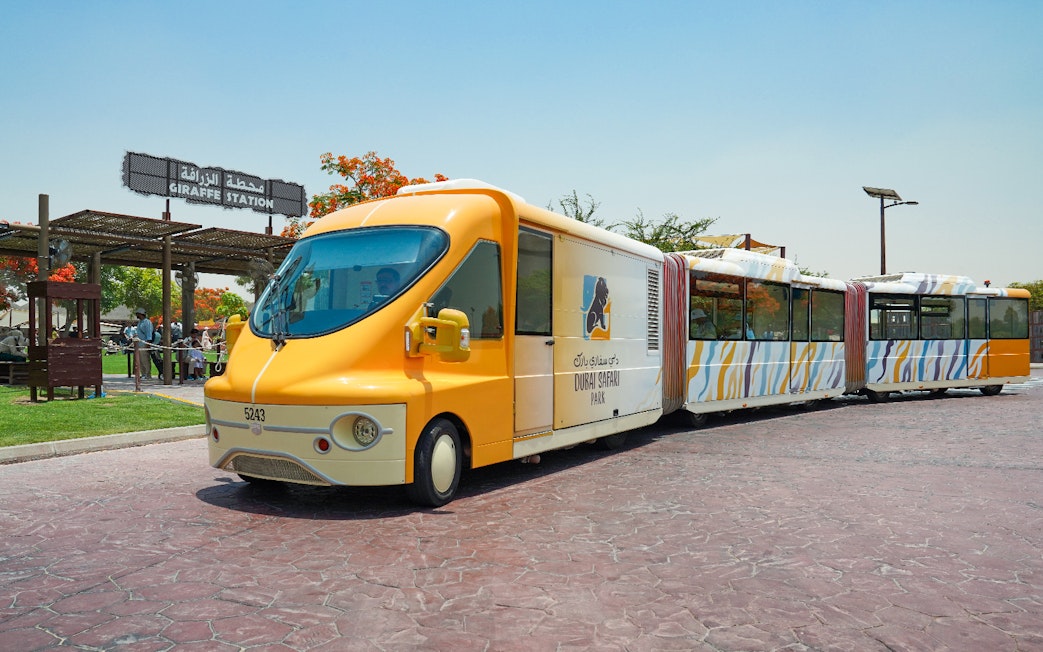 Dubai Safari Park shuttle train at Giraffe Station.