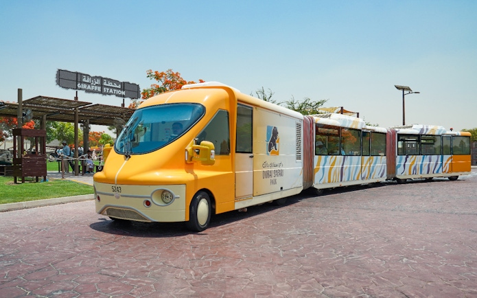 Dubai Safari Park shuttle train at Giraffe Station.