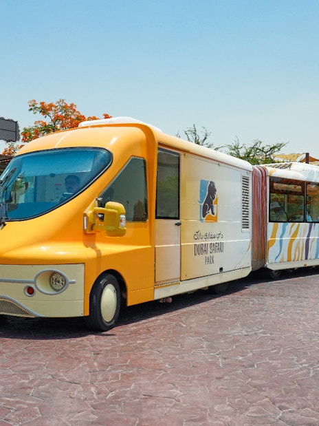 Dubai Safari Park shuttle train at Giraffe Station.