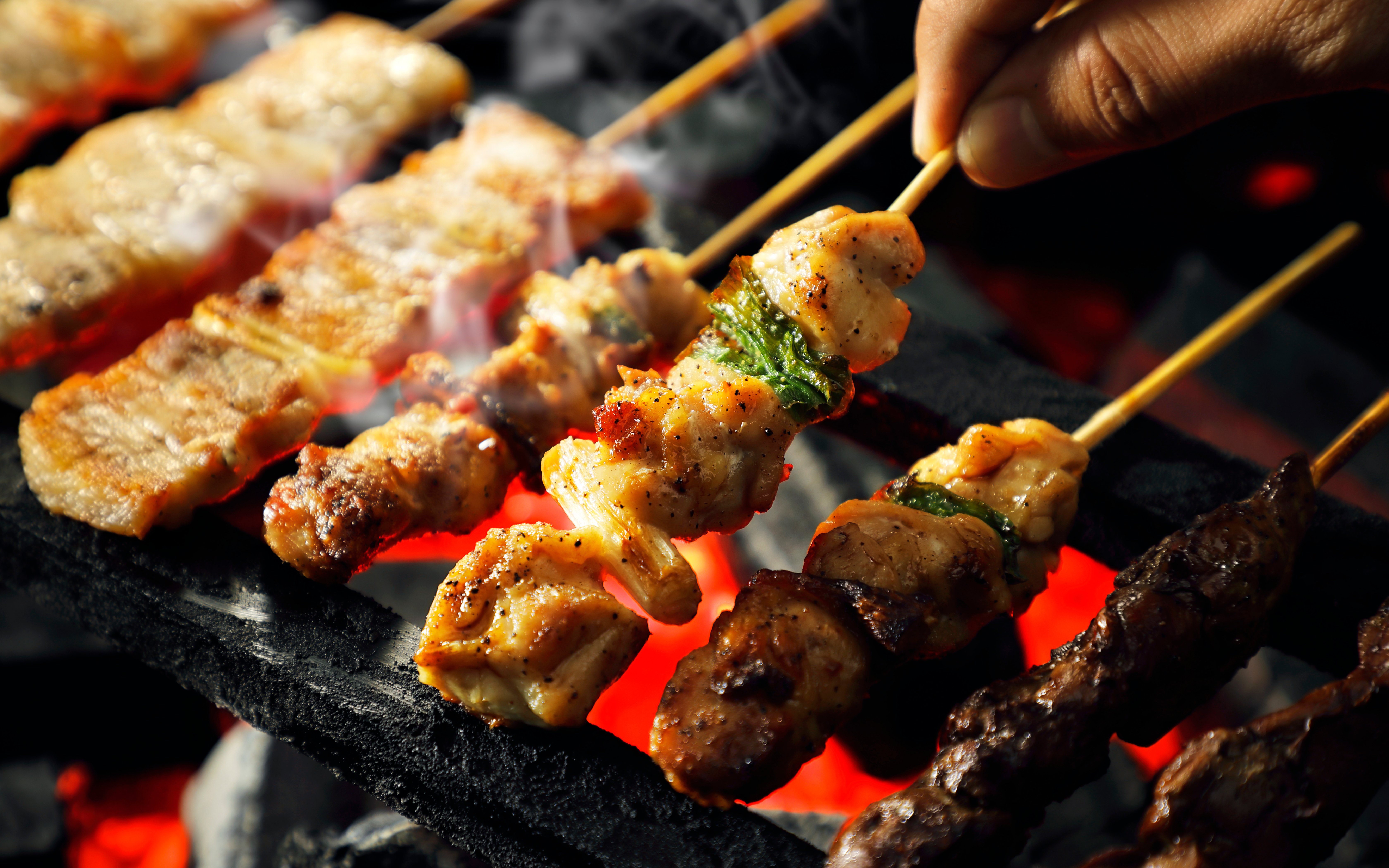 Yakitori skewers grilling over charcoal embers in Japan.