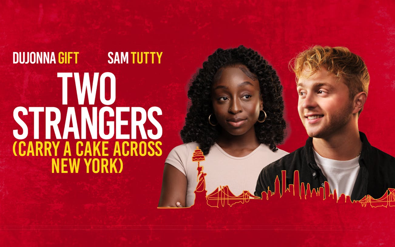 Two people with New York skyline illustration, promoting "Two Strangers" tour.
