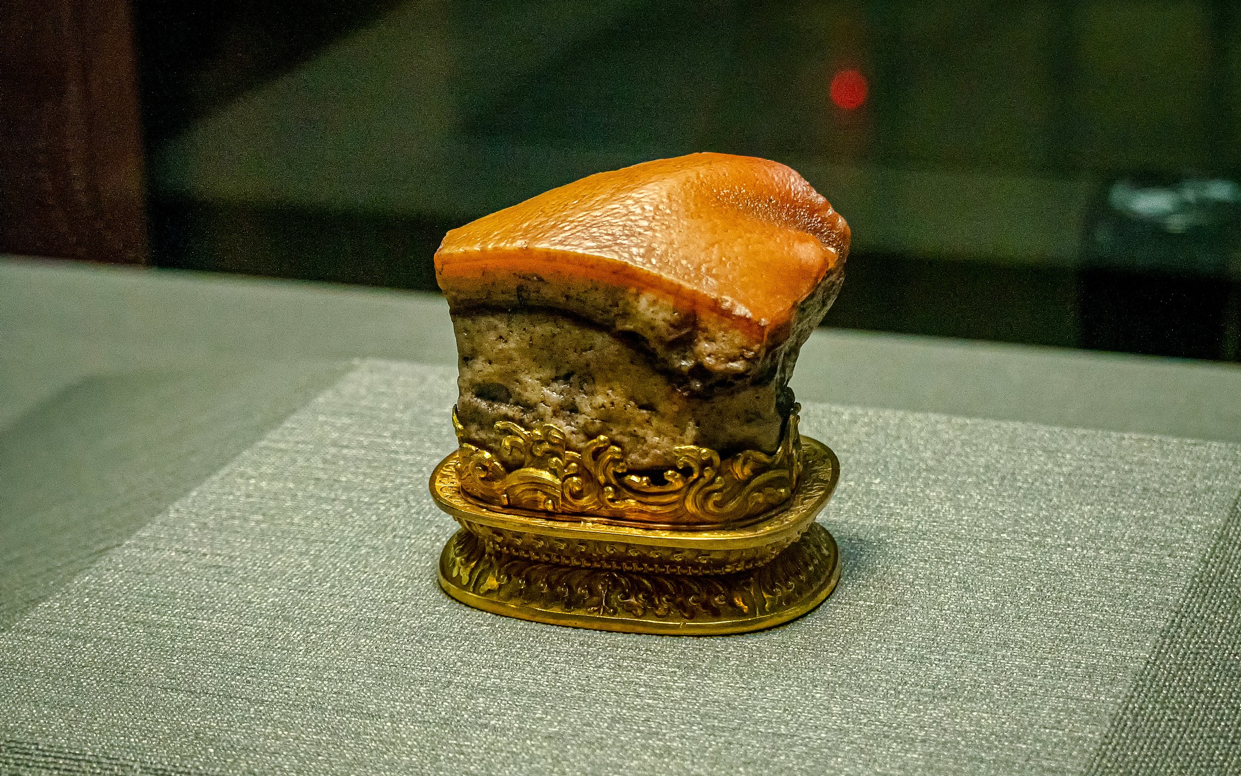 Qing dynasty Meat-shaped Stone artifact at National Palace Museum, Taipei, Taiwan.