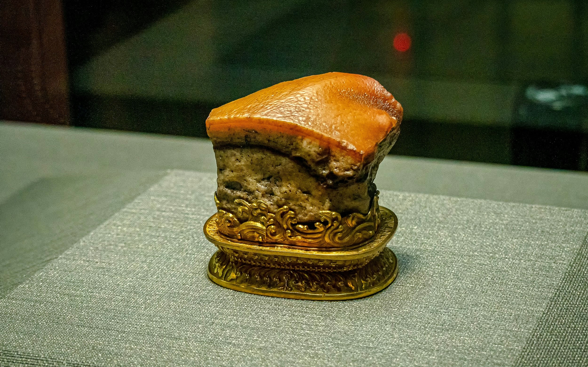 Qing dynasty Meat-shaped Stone artifact at National Palace Museum, Taipei, Taiwan.