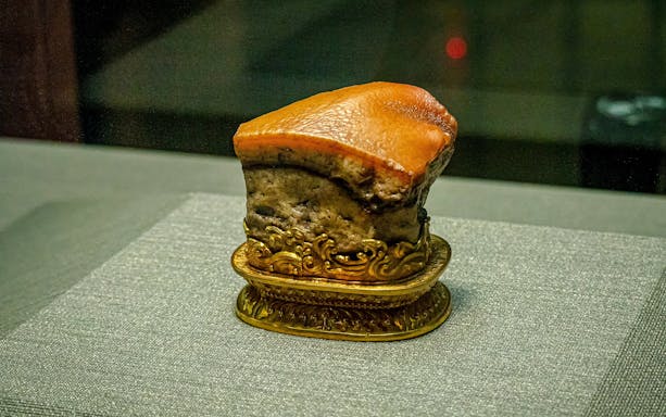 Qing dynasty Meat-shaped Stone artifact at National Palace Museum, Taipei, Taiwan.