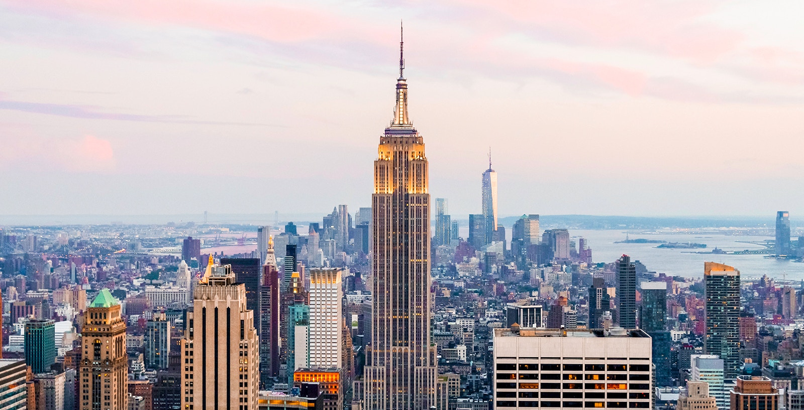 Empire State Building observation deck view, New York City skyline.