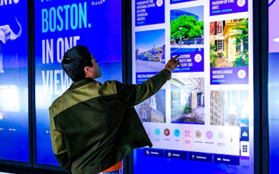 Interactive display of Boston attractions with user selecting Northeastern University.