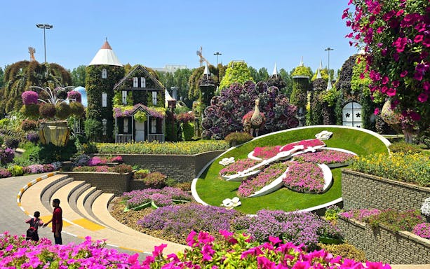 Floral clock surrounded by vibrant flowers at Dubai Miracle Garden.
