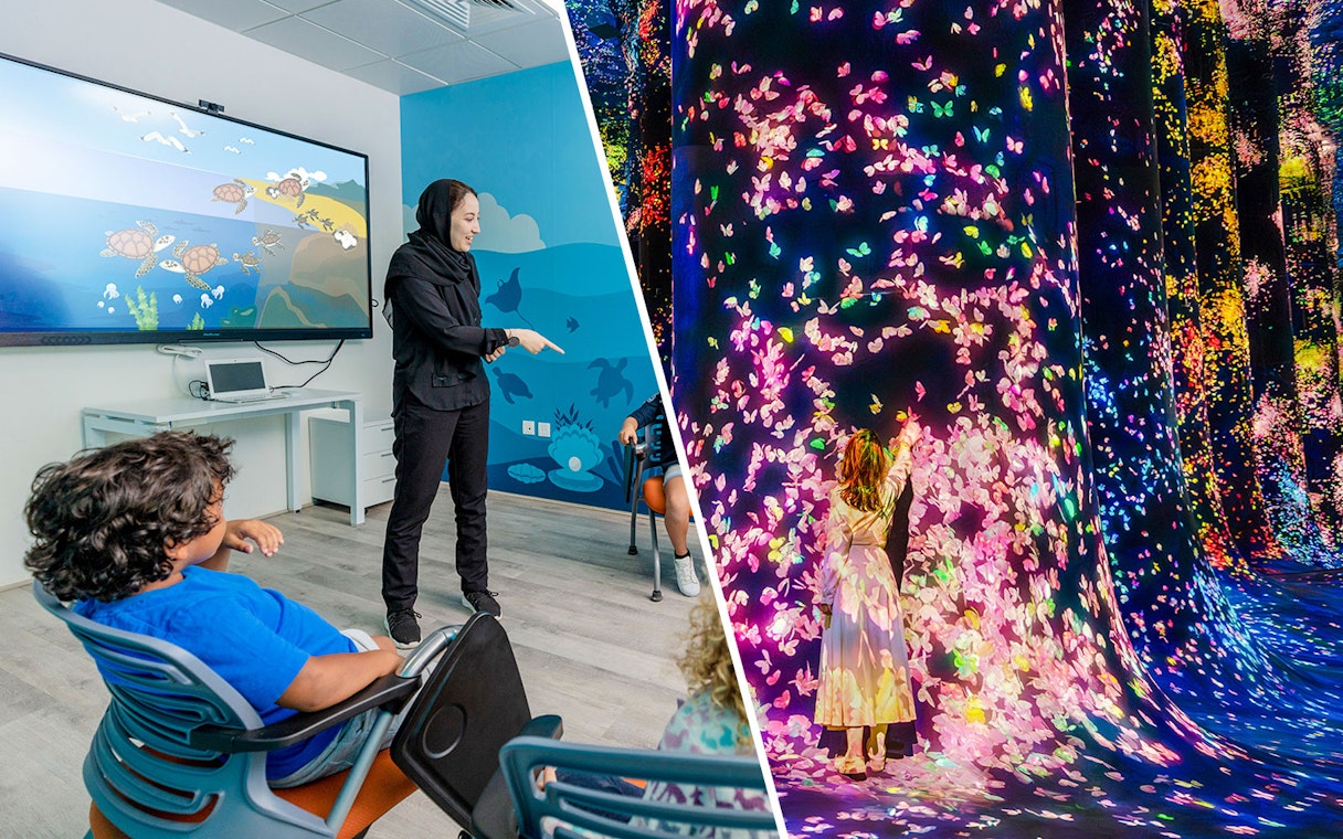 Interactive art installation at Team Lab Abu Dhabi with children engaging in digital displays.