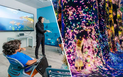 Interactive art installation at Team Lab Abu Dhabi with children engaging in digital displays.