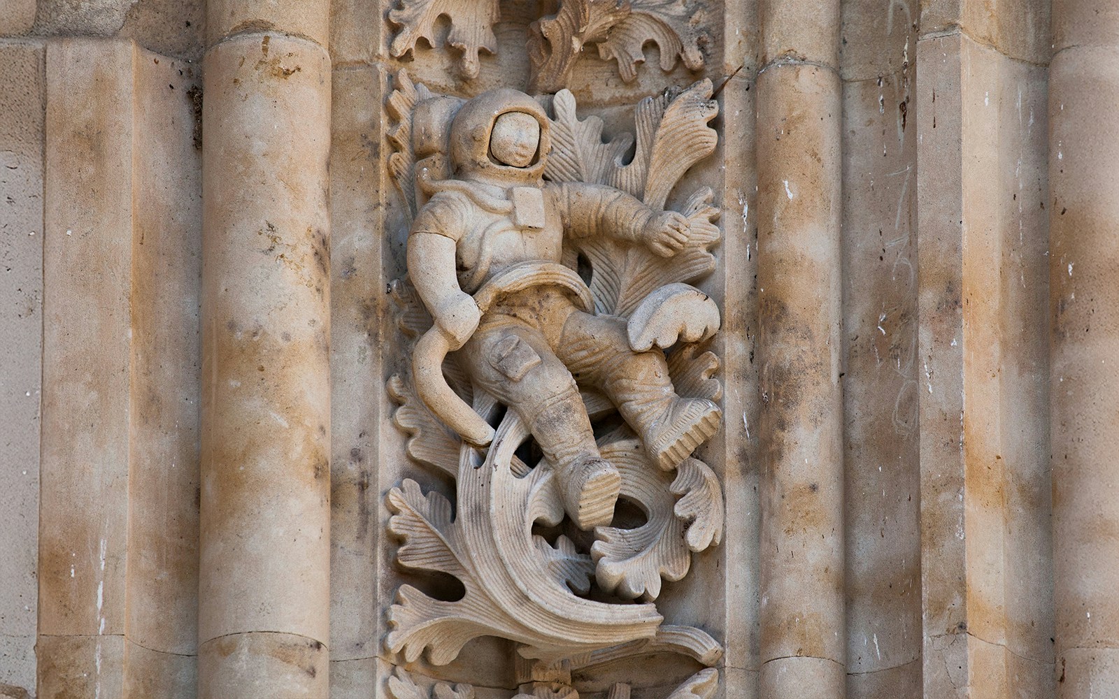Astronaut carving on Salamanca Cathedral facade, Spain.
