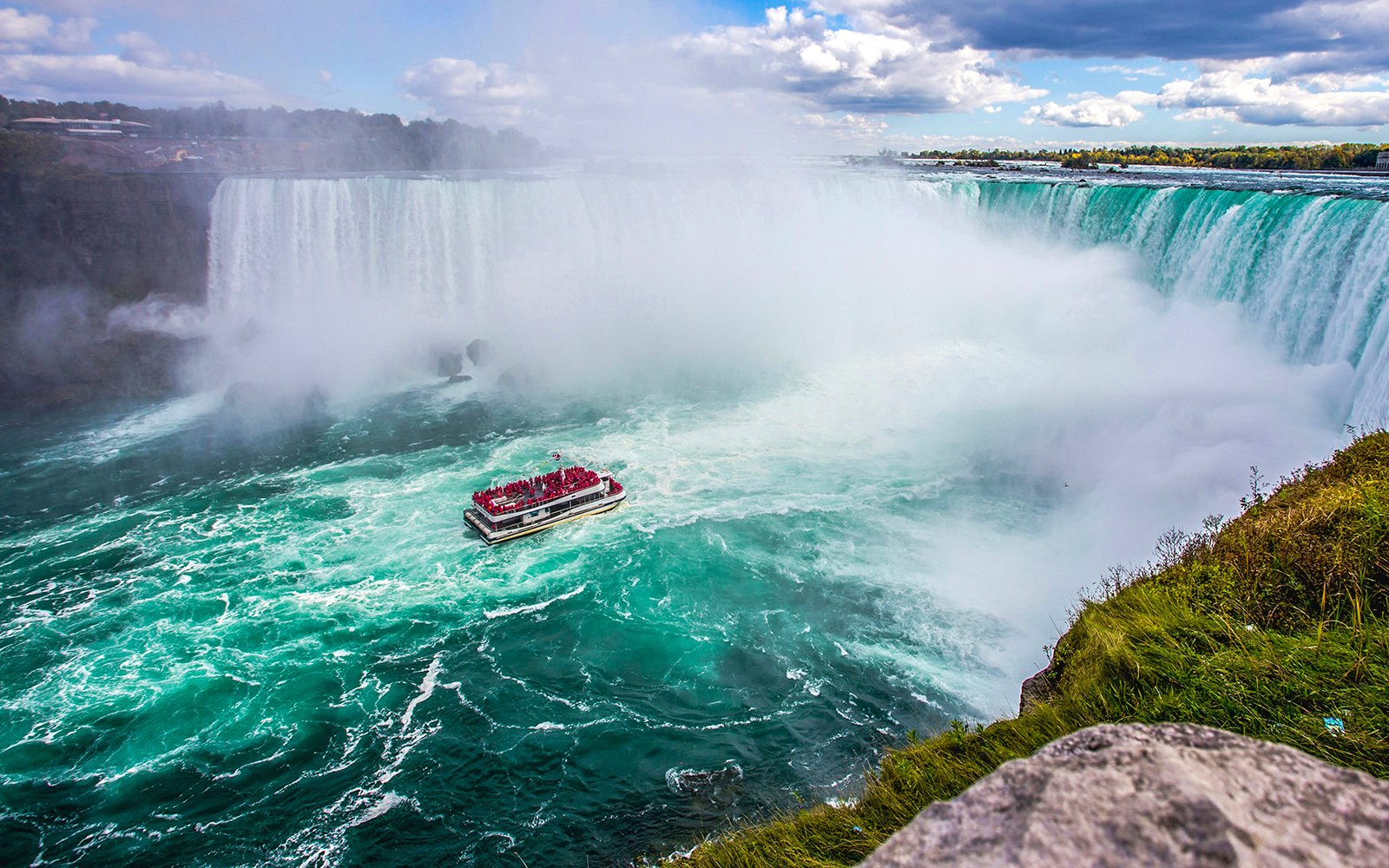 Aerial view of a tour boat near Niagara Falls, Canada.