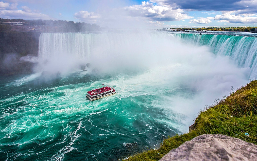 Aerial view of a tour boat near Niagara Falls, Canada.
