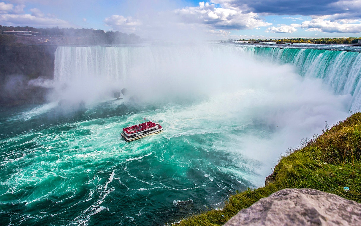 Aerial view of a tour boat near Niagara Falls, Canada.