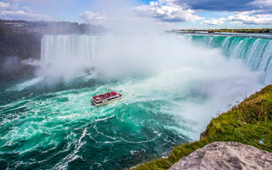 Aerial view of a tour boat near Niagara Falls, Canada.