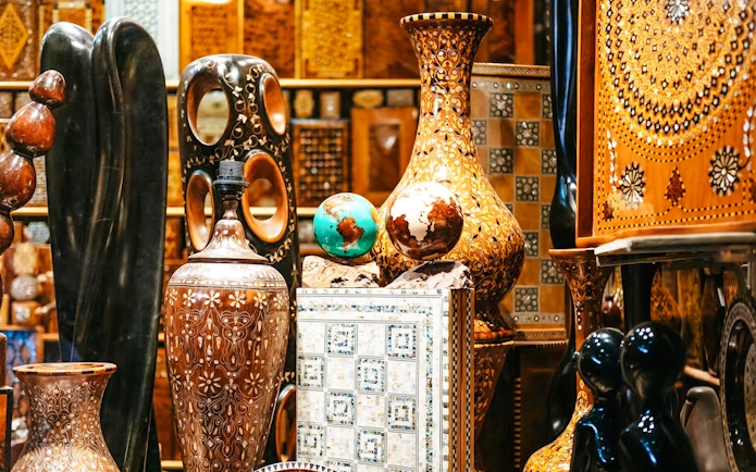 Handcrafted pottery and decor in Marrakech souks during private shopping tour.