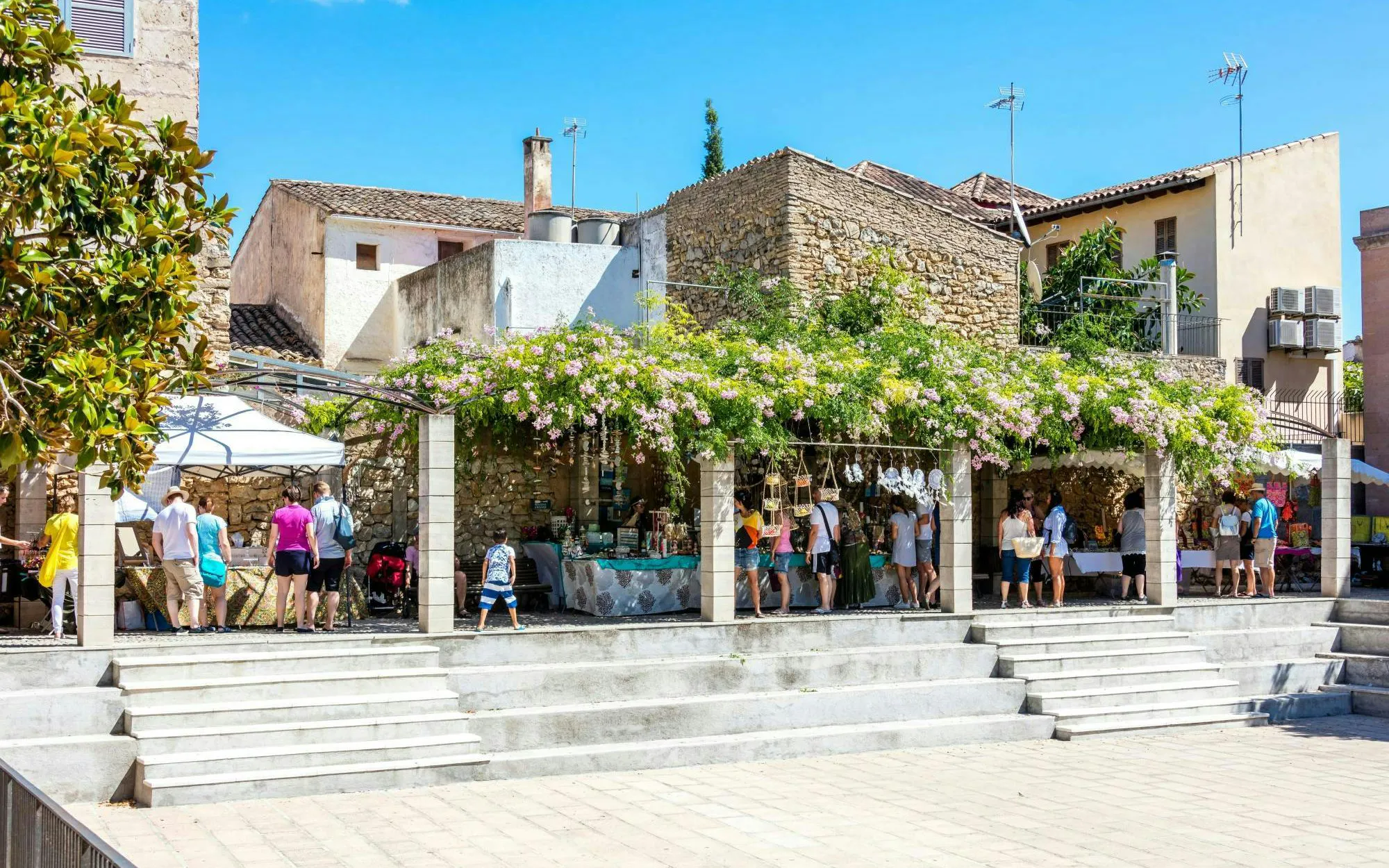 Farmers market in Artà, Mallorca, Spain with people browsing stalls under flowering vines.