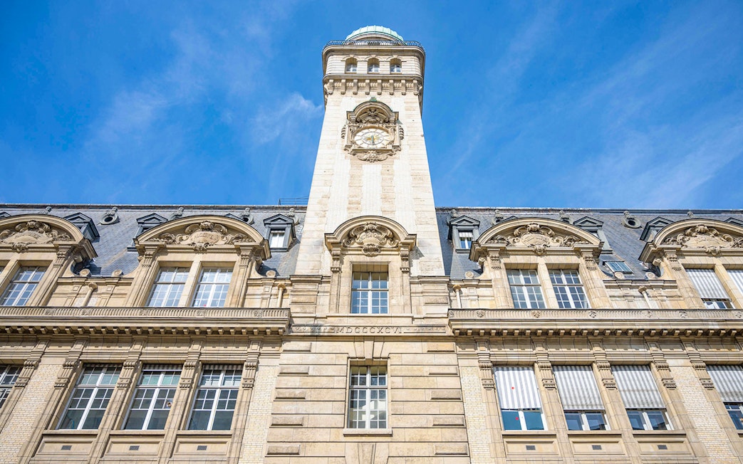 Clock tower of Sorbonne University in Paris's Latin Quarter.