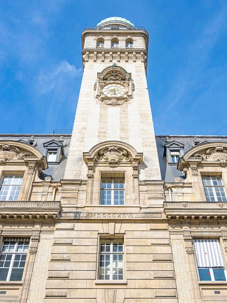 Clock tower of Sorbonne University in Paris's Latin Quarter.