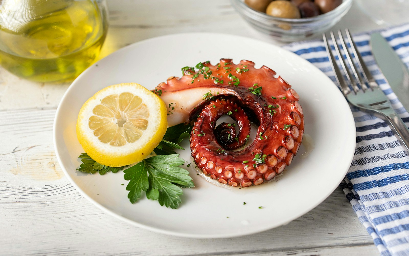 Grilled octopus dish served