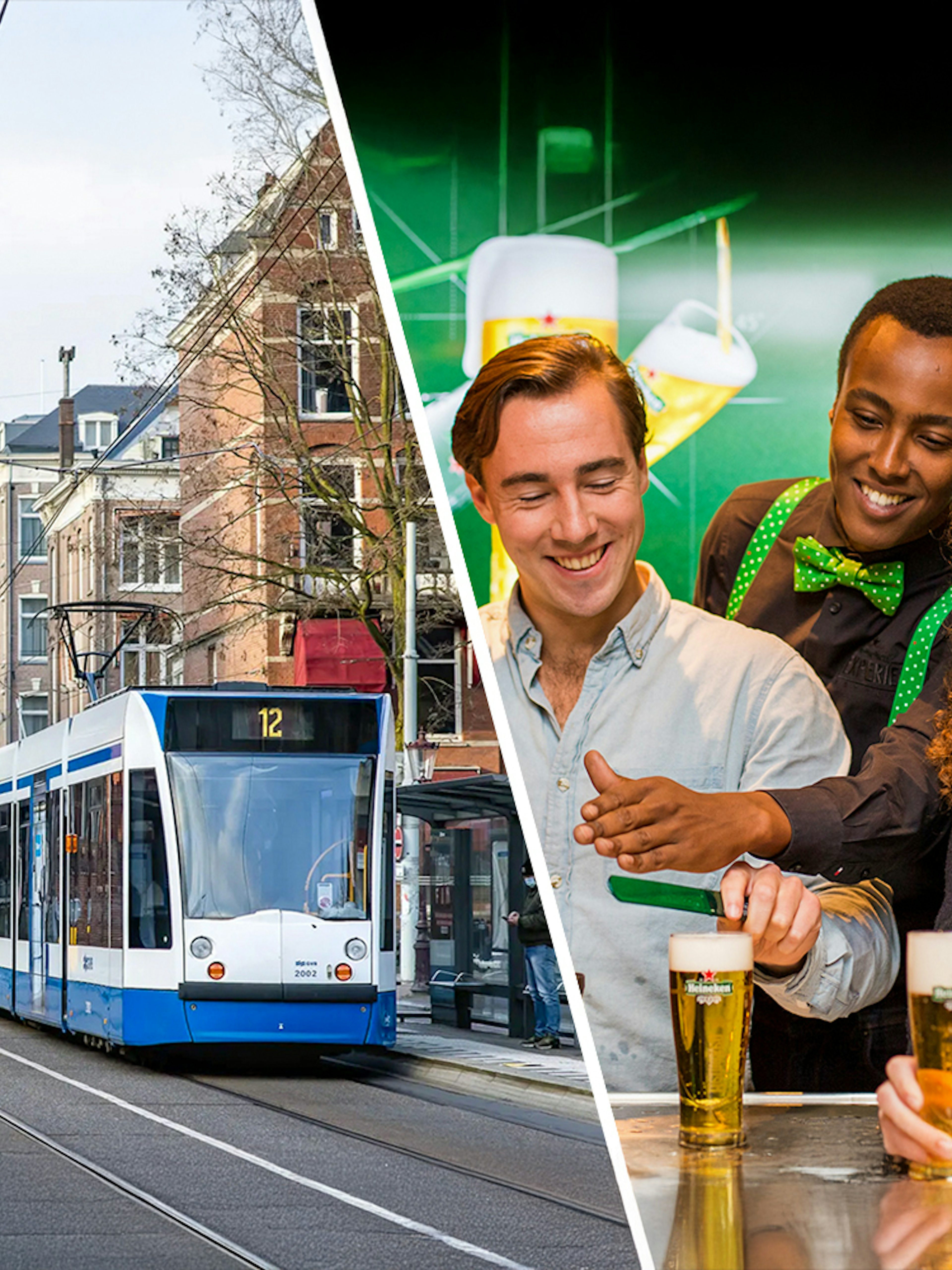 Amsterdam tram on city street and people enjoying Heineken Experience beer pouring activity.