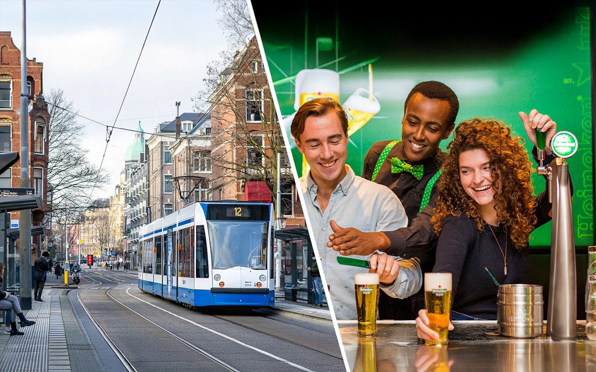 Amsterdam tram on city street and people enjoying Heineken Experience beer pouring activity.