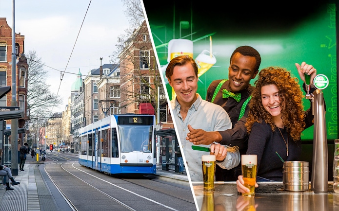 Amsterdam tram on city street and people enjoying Heineken Experience beer pouring activity.