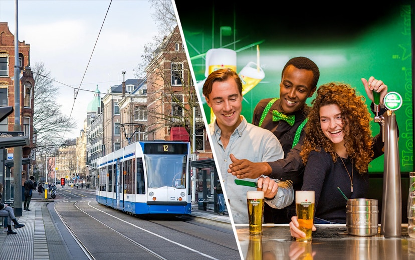 Amsterdam tram on city street and people enjoying Heineken Experience beer pouring activity.