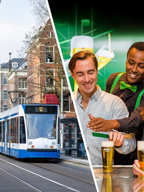 Amsterdam tram on city street and people enjoying Heineken Experience beer pouring activity.